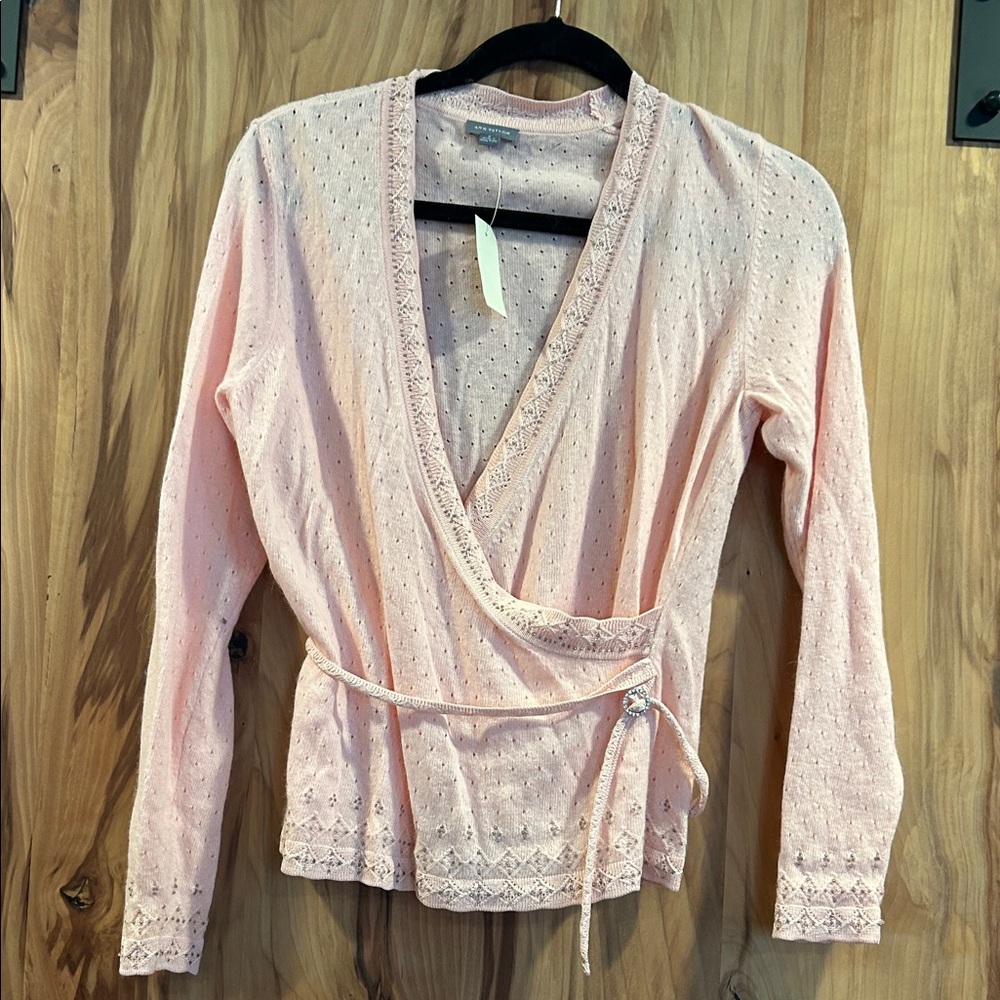 Ann Taylor Light Pink Lace-Trim Wrap Blouse